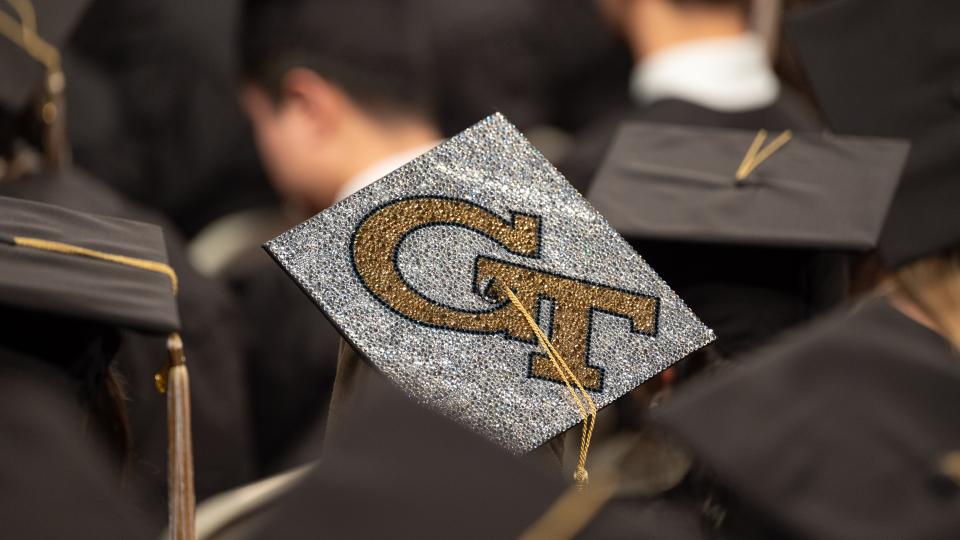 Georgia Tech logo on a graduation cap. 